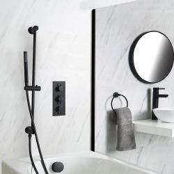 Kit de douche thermostatique avec mitigeur, kit vidage-remplissage et kit douchette sur rampe – Noir – Nox
