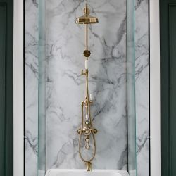 Hudson Reed Elizabeth - Colonne de douche rétro à mitigeur exposé - 3 Fonctions - Bec verseur, pommeau et douchette - Or satiné 