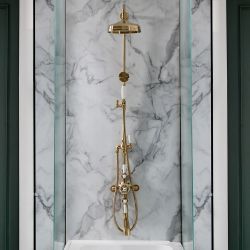 Hudson Reed Elizabeth - Colonne de douche rétro - 3 fonctions - Avec mitigeur thermostatique exposé, bec verseur, pommeau & douchette - Or satiné
