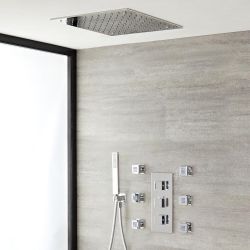 Kit de douche thermostatique avec mitigeur avec inverseur, pommeau encastré, douchette et buses hydromassantes – 3 fonctions – Chromé - Kubix