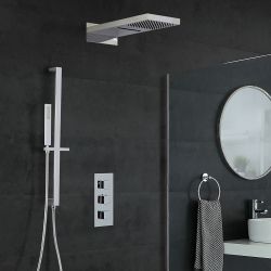 Kit de douche thermostatique avec inverseur – Pommeau cascade – Kit douchette sur rampe – Chromé - Kubix