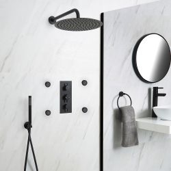 Kit de douche encastrable noir - Mitigeur thermostatique - Pommeau Ø 30cm - 4 buses hydromassantes & Douchette - Nox