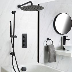 Kit de douche thermostatique avec mitigeur, pommeau de douche, kit vidage-remplissage baignoire et kit douchette sur rampe – Noir - Nox