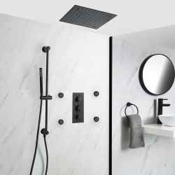 Kit de douche thermostatique avec mitigeur, pommeau encastré, buses hydromassantes et kit douchette sur rampe – Noir - Nox