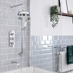 Kit de douche thermostatique à 3 fonctions avec inverseur - Pommeau de douche Ø 20 cm, bec verseur baignoire et kit douchette sur rampe – Chromé et blanc - Elizabeth