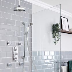 Kit de douche thermostatique à 3 fonctions avec inverseur - Pommeau de douche Ø 20 cm, kit douchette sur rampe et buses hydromassantes – Chromé et blanc - Elizabeth