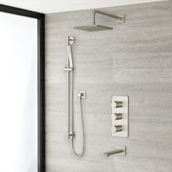 Mitigeur Thermostatique Douche - Pommeau 20 x 20 cm - Kit douchette & Bec verseur - Nickel brossé - Harting
