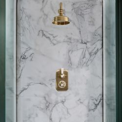 Kit de douche thermostatique rétro – 1 fonction - Pommeau rond Ø 15.5 cm et bras mural – Or satiné – Elizabeth