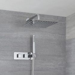 Kit de douche thermostatique avec mitigeur avec inverseur, pommeau mural et douchette – 2 fonctions – Chromé – Kubix