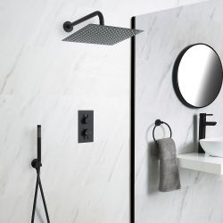 Kit de douche thermostatique avec inverseur, pommeau carré et douchette – 2 fonctions – Noir – Nox