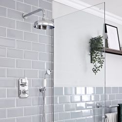 Kit de douche thermostatique à 2 fonctions - Pommeau rond Ø 20 cm et douchette – Chromé et blanc - Elizabeth