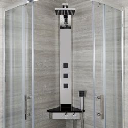 Colonne de douche thermostatique d’angle avec pommeau, douchette, buses hydromassantes et étagère – Chromé et noir - Earby