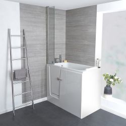 Baignoire sabot avec assise à porte - 121 x 66 cm – Choix de pare-baignoire – Option d’angle gauche ou droit - Merso