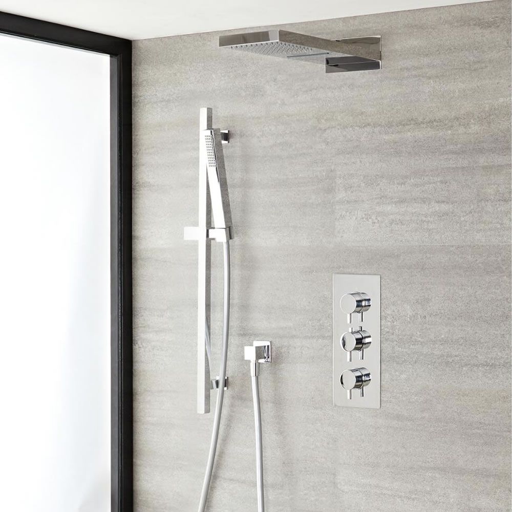 Kit de douche thermostatique – Chromé – Pommeau cascade – Kit douchette sur rampe – 3 fonctions - Como