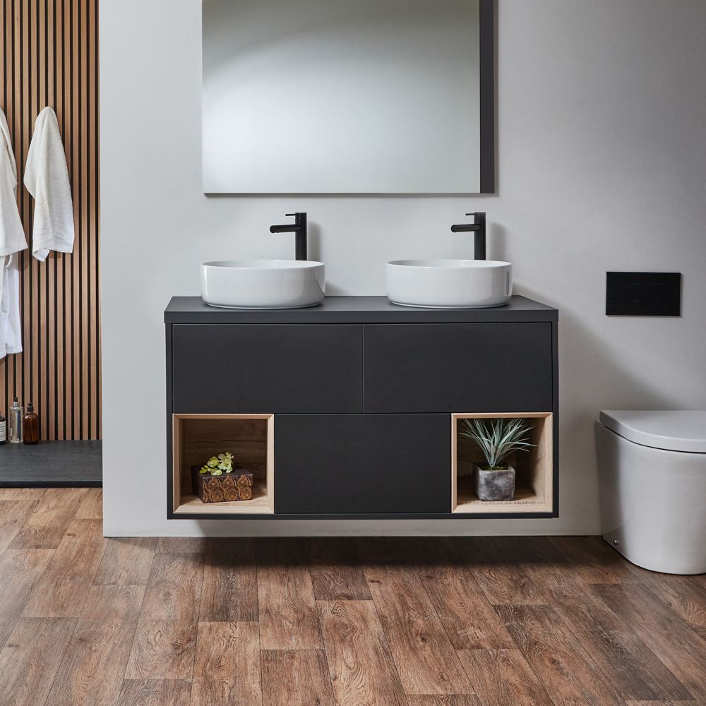 Meuble double vasque suspendu - Avec niches - 120 cm – Choix de finitions, vasque et lumières LED en option – Hoxton