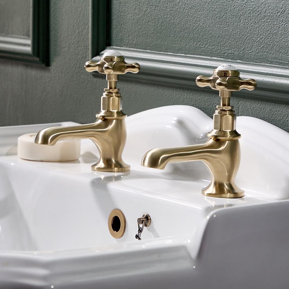 Hudson Reed Elizabeth - Paire de robinets lavabo rétro - Commandes en croisillon - Or satiné