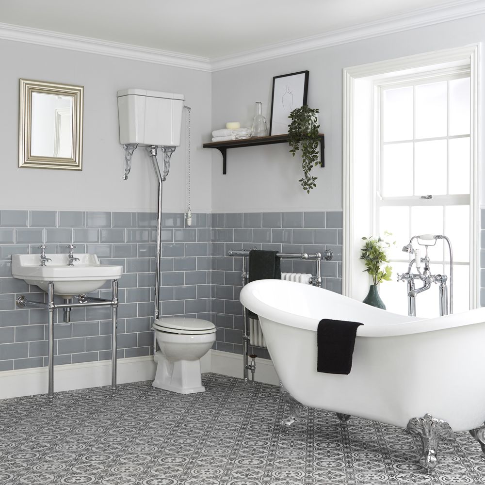 Ensemble baignoire îlot, WC avec réservoir haut et lavabo sur pieds - Richmond