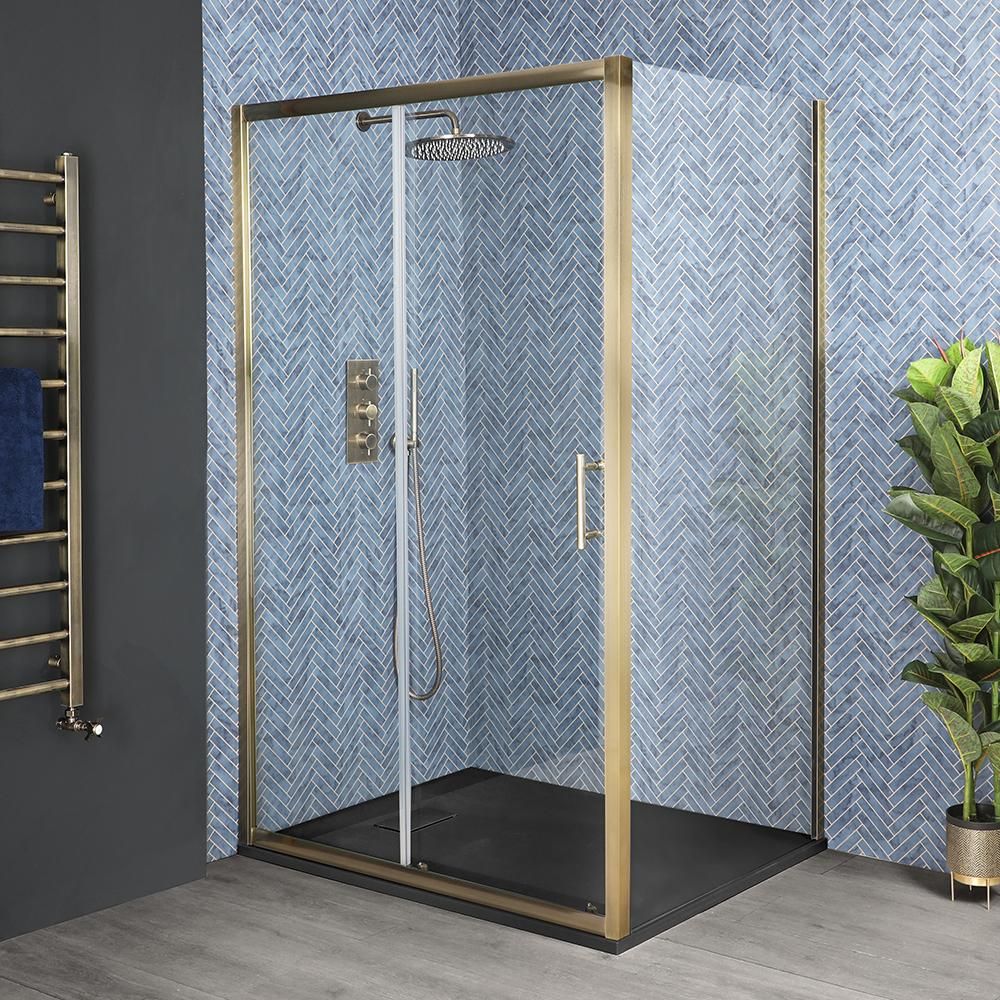 Cabine de douche d’angle à porte coulissante avec receveur à effet texturé – laiton ancien – Choix de tailles – Choix de finition du receveur – Alama