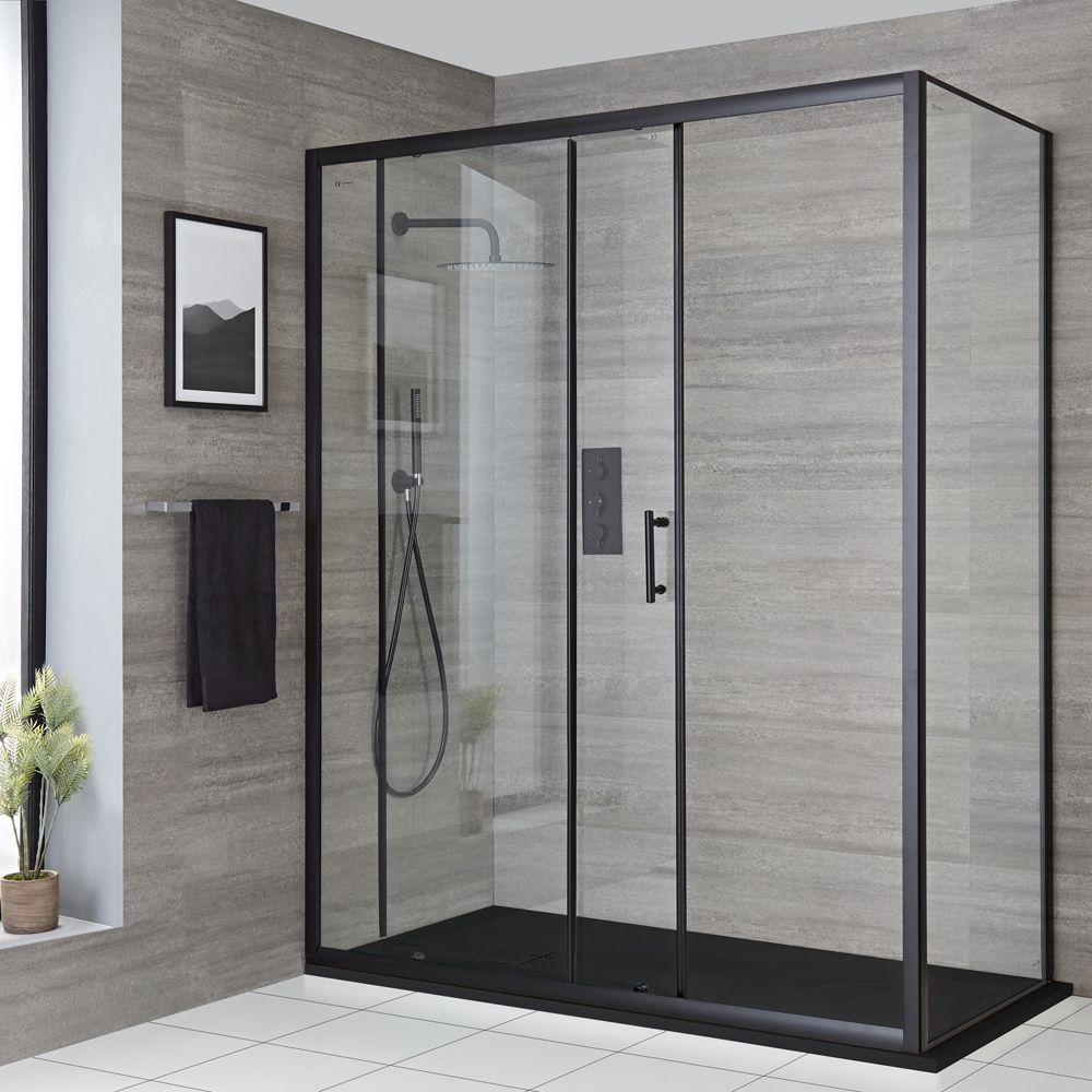 Cabine de douche d’angle à porte coulissante avec receveur de douche – Noir – Tailles multiples - Nox