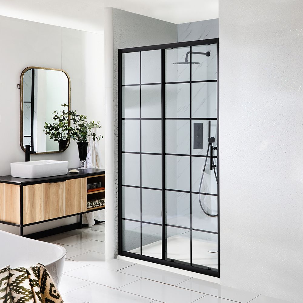 Porte de douche coulissante – Noir – Avec receveur – Choix de tailles – Barq