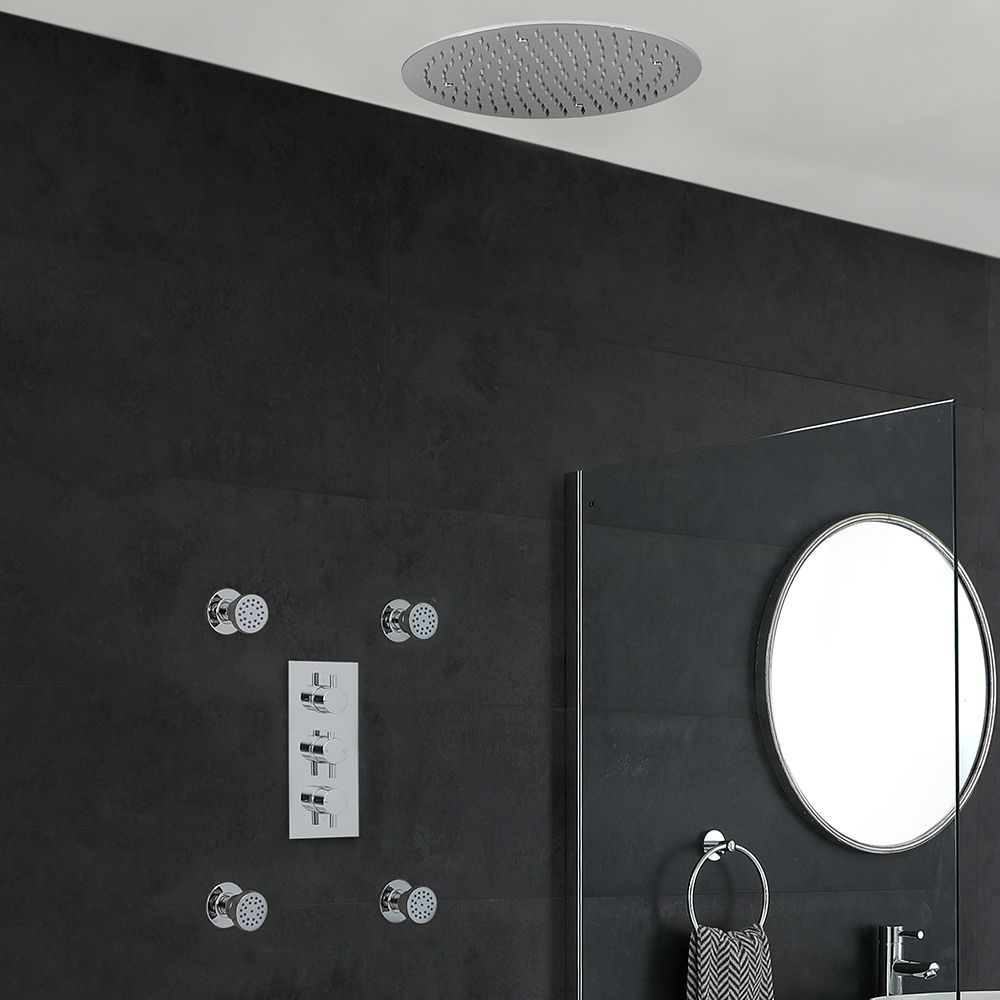 Kit de Douche Thermostatique Encastrable Pommeau Plafond Ø 40cm & Buses hydromassantes Fonctions distinctes ou simultanées