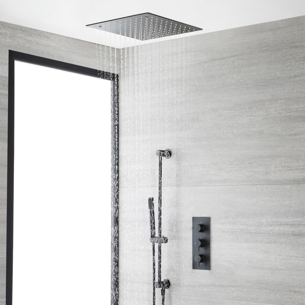 Kit de douche thermostatique avec mitigeur, pommeau de douche encastré et kit douchette sur rampe – Noir - Nox