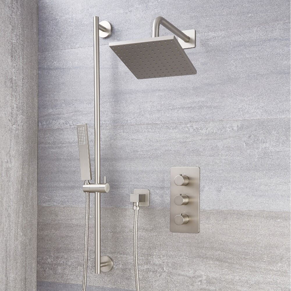 Mitigeur Thermostatique Douche - Pommeau 20cm & Kit douchette - Nickel Brossé - Harting