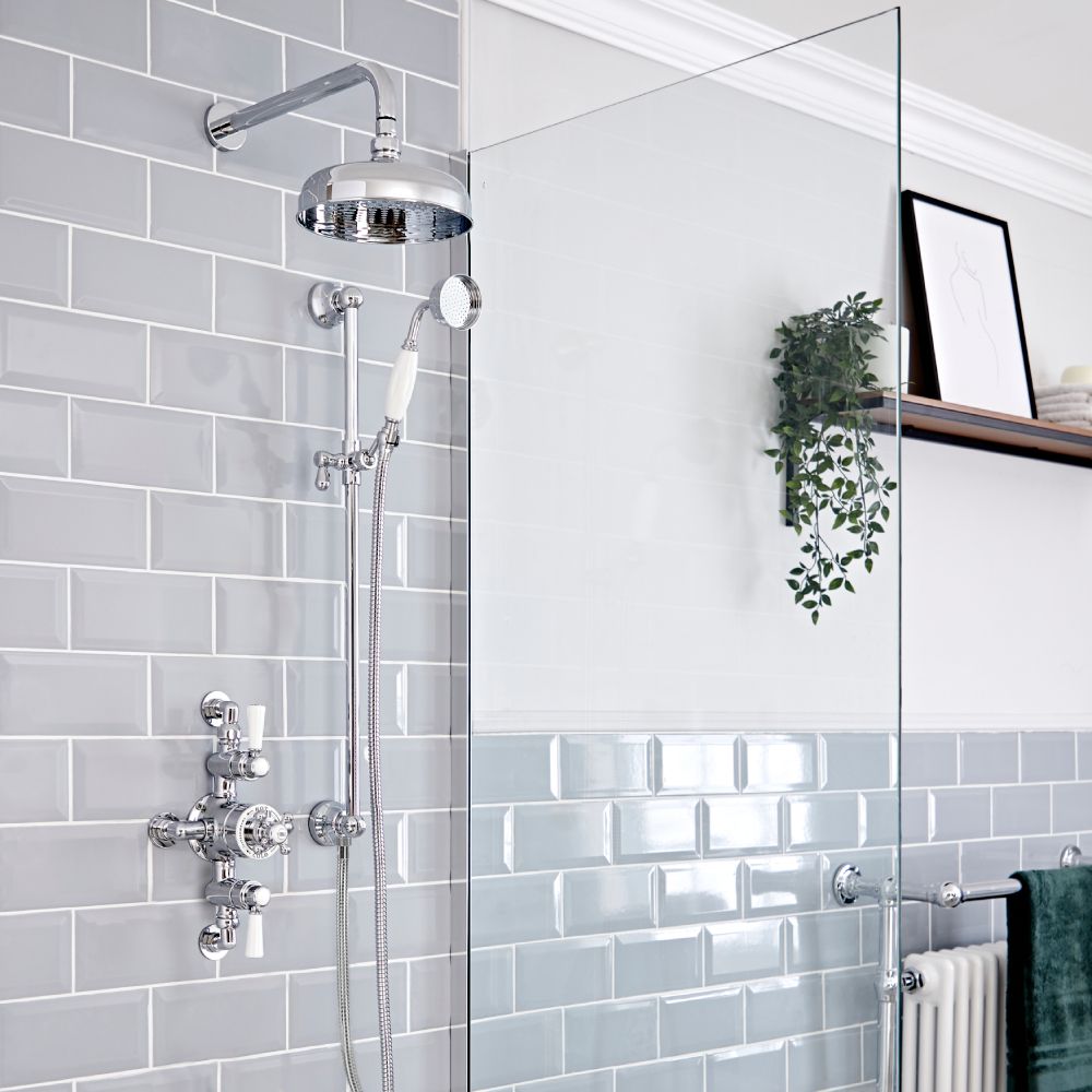 Kit de douche thermostatique exposé 2 fonctions – Pommeau Ø 20 cm – Douchette sur rampe – Chromé et blanc - Elizabeth