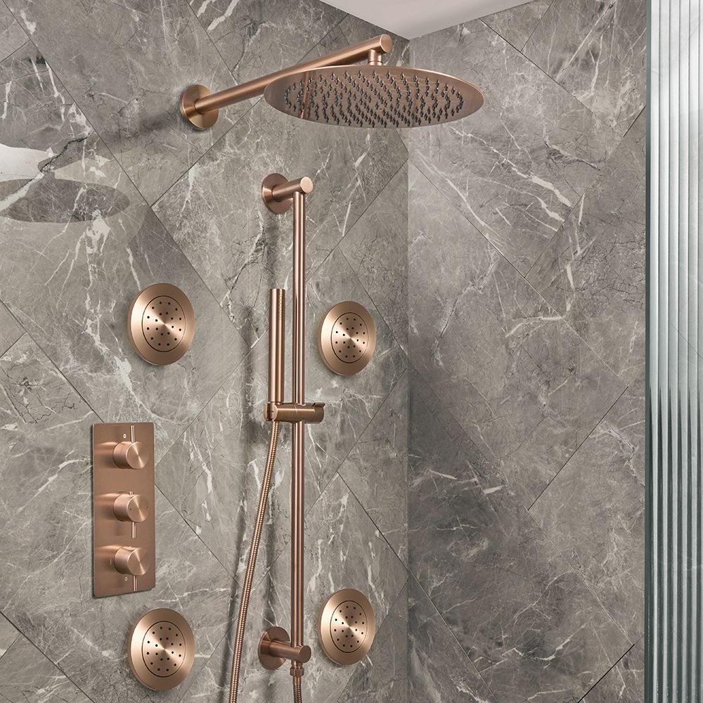 Mitigeur douche thermostatique - Avec pommeau mural, douchette sur rampe et jets hydromassants - 3 fonctions - Choix de finitions - Otto