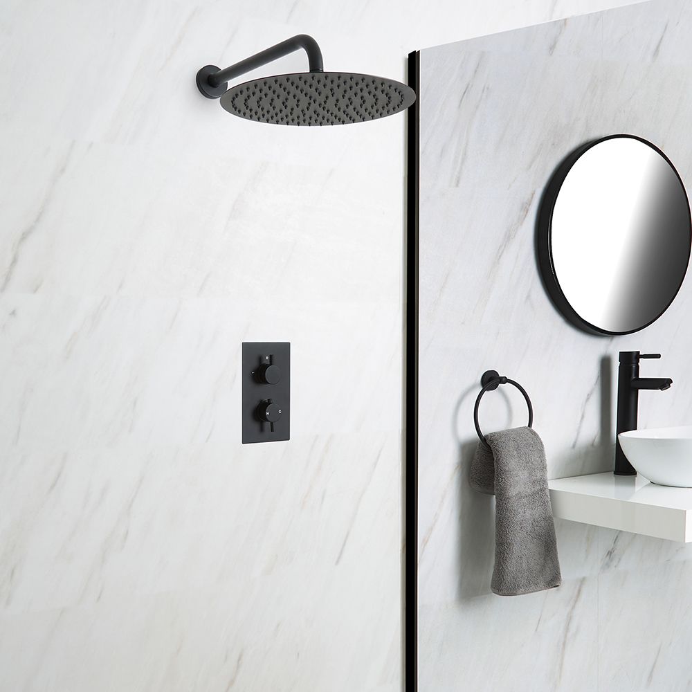 Kit de douche noir - Mitigeur thermostatique encastrable & pommeau de douche Ø 30cm - Nox