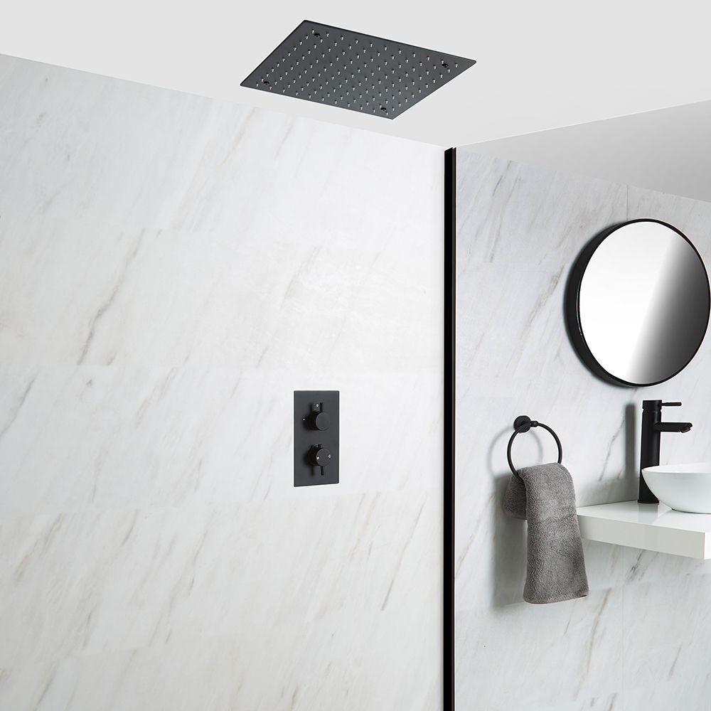 Mitigeur douche noir double encastré et pommeau de douche carré encastré 40 cm – Nox