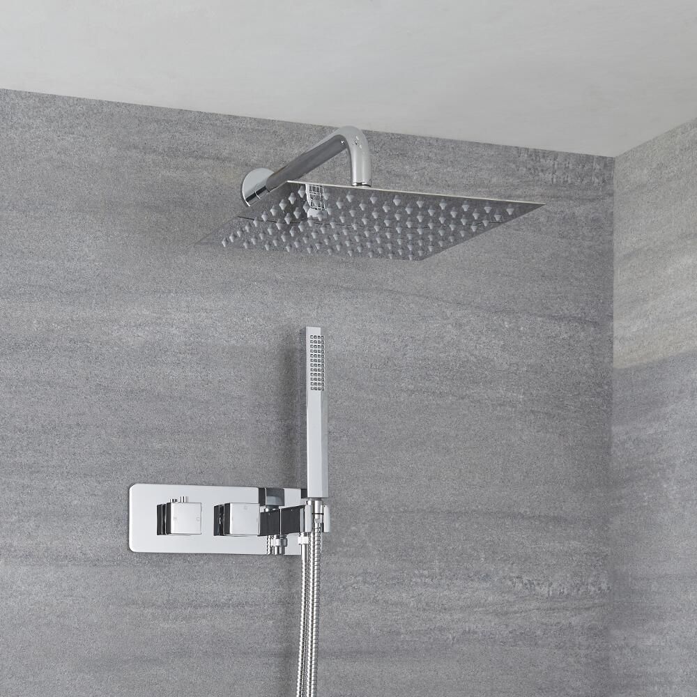 Kit de douche thermostatique avec mitigeur avec inverseur, pommeau mural et douchette – 2 fonctions – Chromé – Kubix