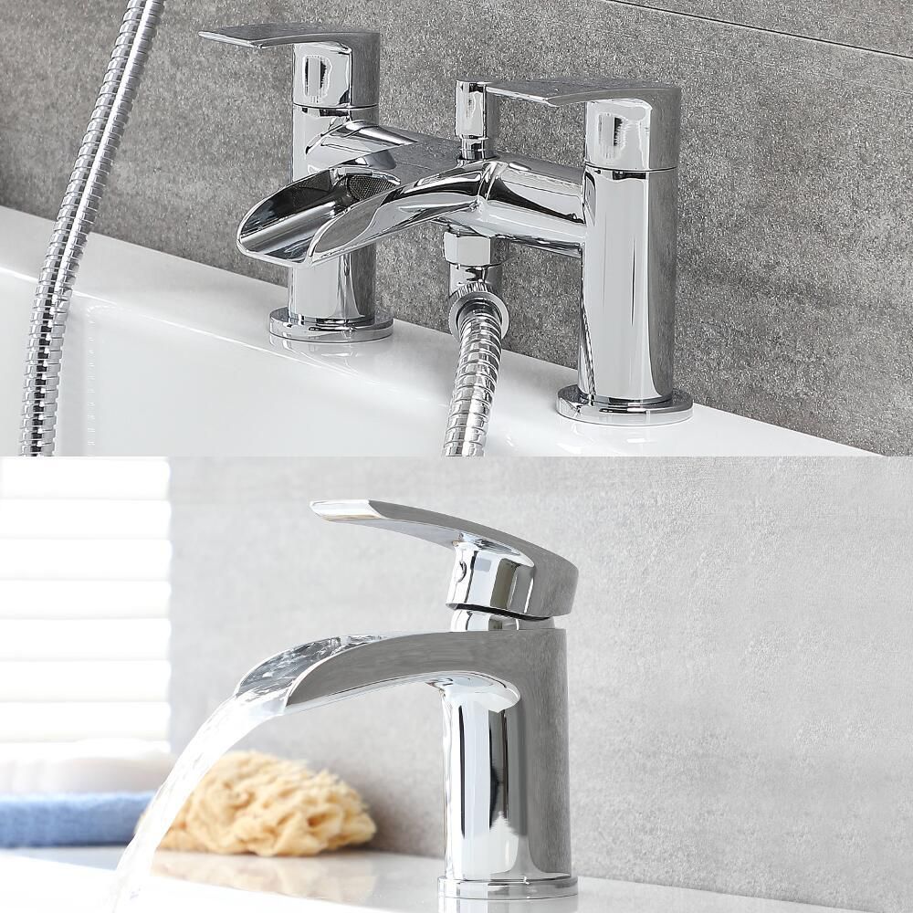 Ensemble robinet lavabo cascade moderne avec mélangeur baignoire & douchette – Chromé – Razor