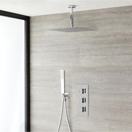 Kit de douche thermostatique avec pommeau plafonnier et douchette – 2 fonctions – Chromé - Kubix