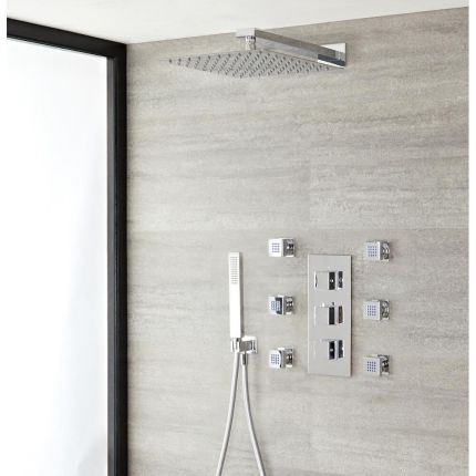 Kit Douche Thermostatique encastrable 3 fonctions Cubique - Pomme murale 30cm - 6 Buses & Douchette sur clip - Kubix