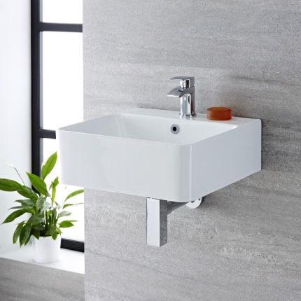 Vasque rectangulaire blanche suspendue – 1 trou – Choix de tailles et de finitions de bague de trop-plein – Exton