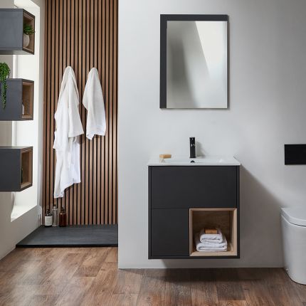 Meuble de salle de bain suspendu avec niche ouverte – 61 cm – Choix de finitions, de lavabos et lumières LED en option – Hoxton