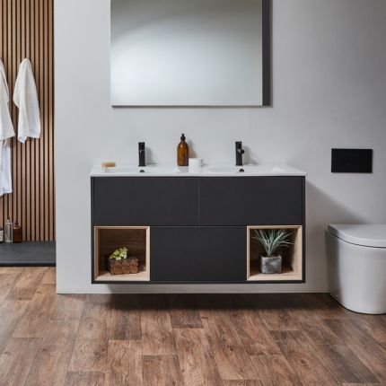 Meuble double vasque suspendu - Avec niches - 121 cm – Choix de finitions, de plan vasques et lumières LED en option – Hoxton