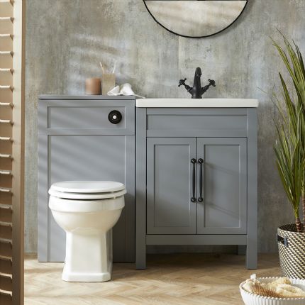 Meuble lavabo avec lavabo – 61,5 cm – Gris clair – Avec meuble WC et cuvette à poser Richmond – Choix de poignées – Warwick