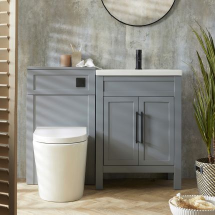 Meuble lavabo rétro avec lavabo – 61,5 cm – Gris clair – Avec meuble WC et cuvette à poser Alswear – Choix de poignées – Warwick