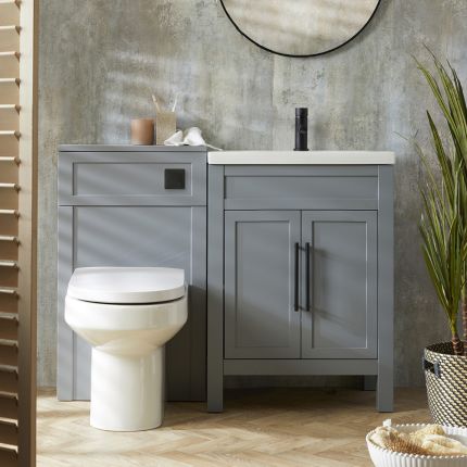 Meuble lavabo rétro avec lavabo – 61,5 cm – Gris clair – Avec meuble WC et cuvette à poser Covelly – Choix de poignées – Warwick
