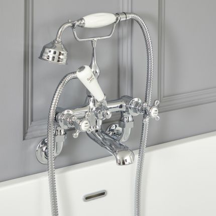 Hudson Reed Elizabeth - Mélangeur bain douche mural rétro - Commande en croisillon - Chromé et blanc