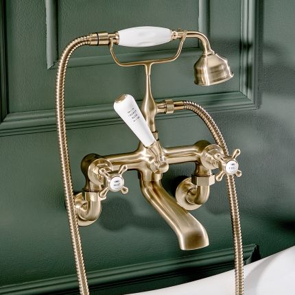 Hudson Reed Elizabeth - Mélangeur bain douche mural rétro - Commande en croisillon - Or satiné