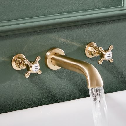 Mélangeur baignoire mural rétro – 3 trous – Commande en croisillon – Or satiné – Elizabeth