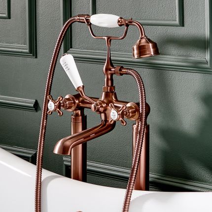 Hudson Reed Elizabeth - Mélangeur bain douche îlot rétro - Commande en croisillon - Avec douchette - Cuivre satiné