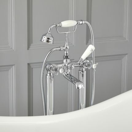 Hudson Reed Elizabeth - Mélangeur bain douche îlot rétro - Commande en croisillon - Avec douchette - Chromé et blanc
