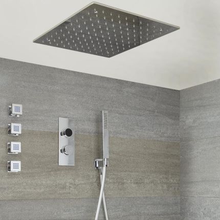Douche Digitale Thermostatique 3 fonctions - Pommeau Plafonnier 50x50cm - Douchette & 4 jets Hydromassants - Narus