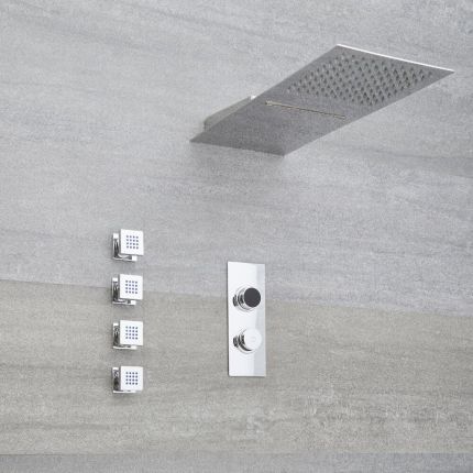 Douche Digitale Thermostatique 3 fonctions - Pommeau Cascade Mural 50x20cm & 4 jets Hydromassants - Narus