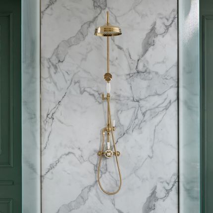 Colonne de douche rétro avec mitigeur exposé - 2 fonctions – Or satiné – Elizabeth