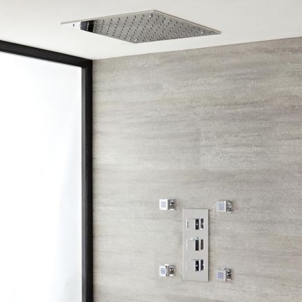 Kit de douche thermostatique encastrable avec pommeau encastré et buses hydromassantes – 2 fonctions – Chromé – Kubix